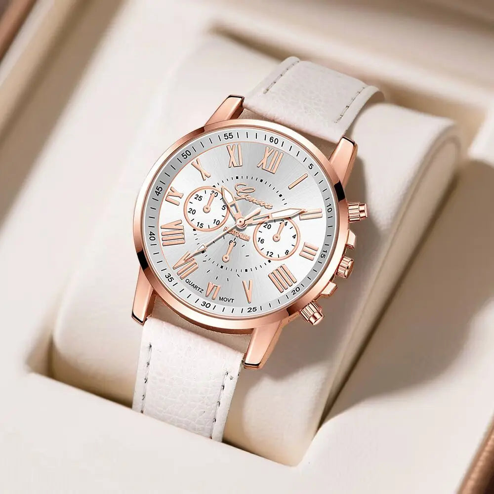 6PCS elegant ladies' round dial quartz watches with bracelet accessories set, suitable for daily wear