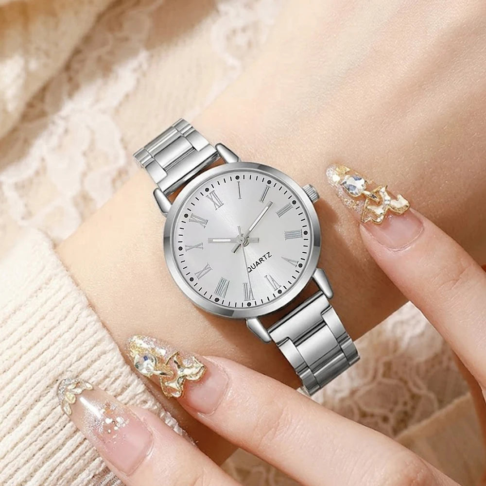 5Pcs/Set Unisex Jewelry Watches Women's Wristwatch Accessories Silver Fashion Business Elegant Trendy Classic Exquisite Retro Light Luxury Rhinestone Luxury Bracelet Watch Set Y2K Suitable for Travel, Vacation, Parties, Daily