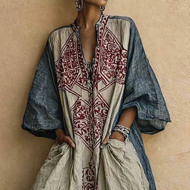 Womens Boho Ethnic Print Oversized Jumpsuit V Neck Batwing Wide Leg Long Pantsuit New Vintage Loose Vacation Romper With Pockets