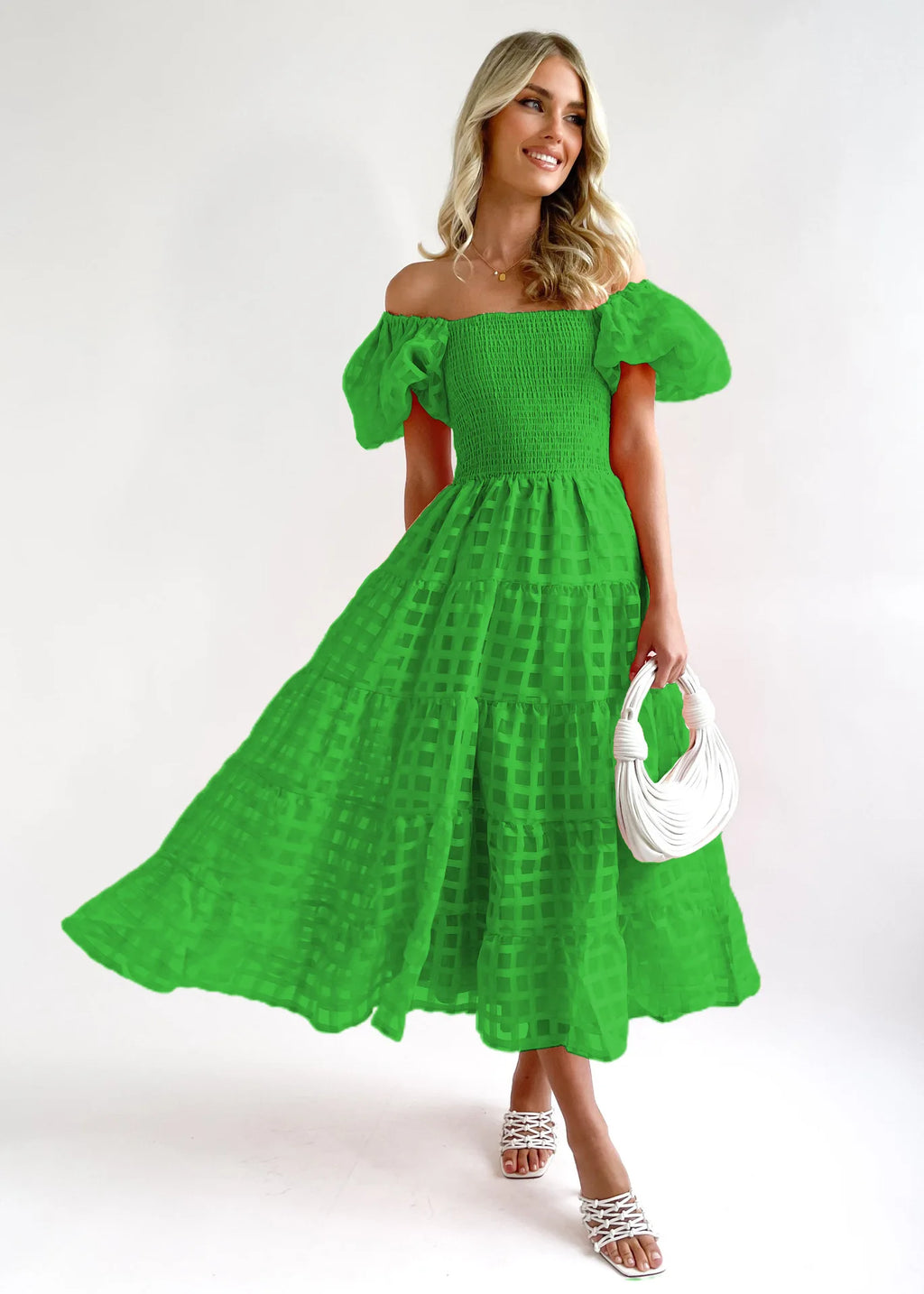 Fashion Party Maxi Dresses Women Holiday 2023 New Solid plaid Pleated A-line Dress Summer Women SHort Puff Sleeve Dress Elegant