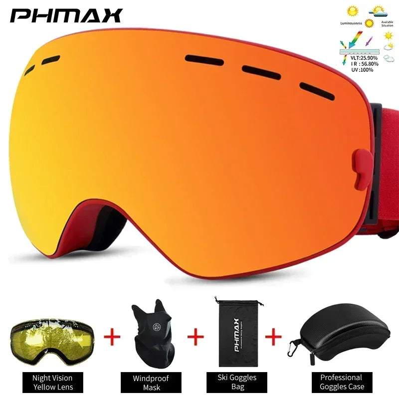 PHMAX Ski/Snowboard Goggles for Men Women, OTG Snow Goggles Anti Fog UV Protection Red Double Layers Lens Wide Vision Winter