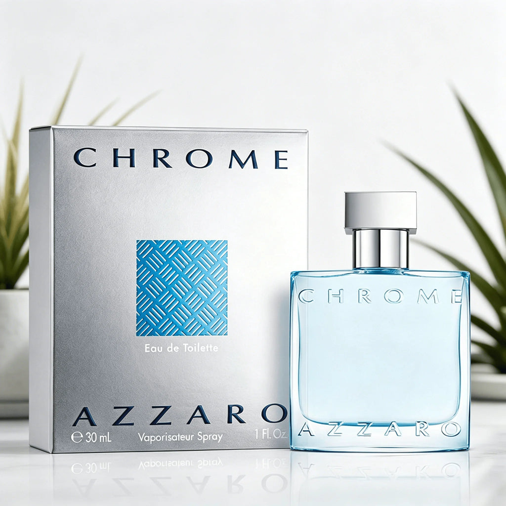 Azzaro Chrome EDT 100ML Perfume For Men Crisp Fresh Aquatic Citrus Marine Woody Aroma Long Lasting Minimalist Clear Light Blue Square Bottle Complete Silver Woven Pattern Box Dating Summer Travel Present