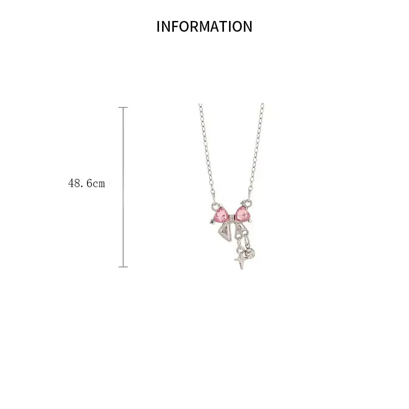 Sweet Pink Bow Necklace Ladies Fashion Sparkling Rhinestone Star Shape Pendant Clavicle Chain Delicate Wedding Accesories C
