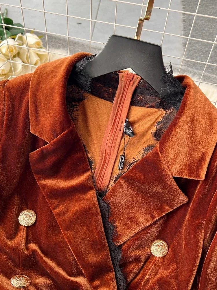 Autumn Winter Luxury Velvet Dress Women Clothing Notched Lion Metal Buttons Split Letter Belt Thick Velour Long Party Vestidos