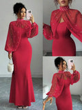 Elegant Pink Mermaid Gown with Beaded Sheer Capelet, Bodycon Slip Dress Set