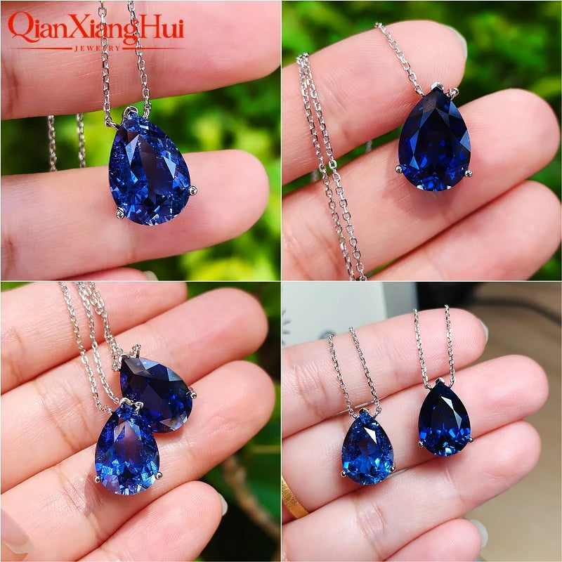 925 Silver Pear Shape 7ct 10x14mm Royal Blue/Cornflower Blue Lab Grown Created Sapphire Inclusions Stone Jewelry Pendant Necklac