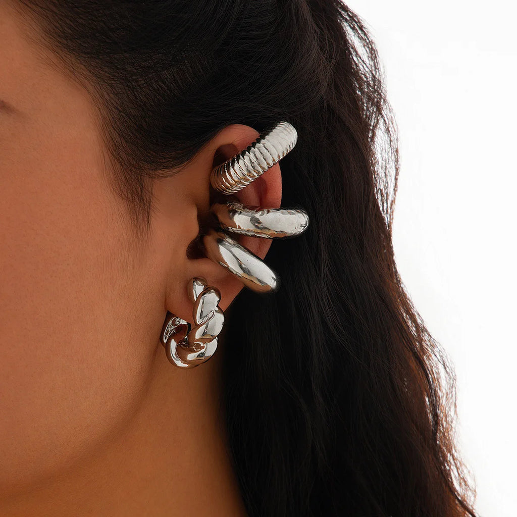 Punk Vintage Chunky Geometric Round Ear Cuff Stainless Steel Metal Texture Thick C Shape Non Piercing Ear Clip