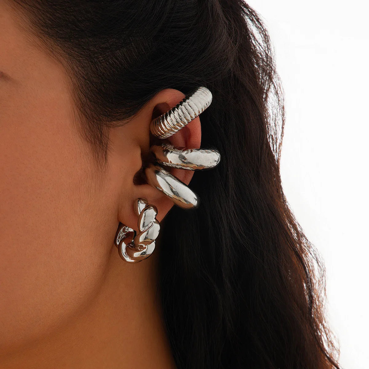 Punk Vintage Chunky Geometric Round Ear Cuff Stainless Steel Metal Texture Thick C Shape Non Piercing Ear Clip