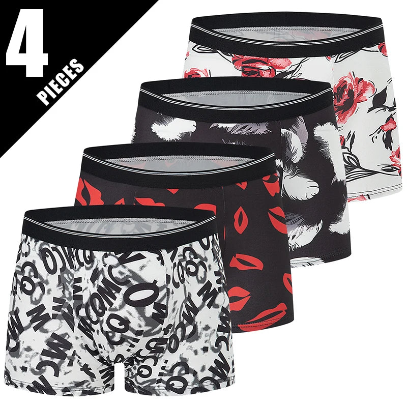4 Pieces European and American Size MEN'S FASHION Printed Boxer Underwear Comfortable Swimming Trunks Oversized Underwear Shorts