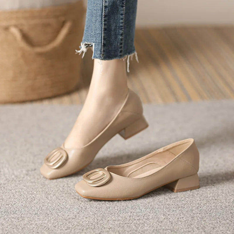 Woman Elegant Square Toe Beige Shoes Lolita Barefoot 4CM High Heel Female Metal Fitting Mary Janes Cute Designer Loafers Shoes