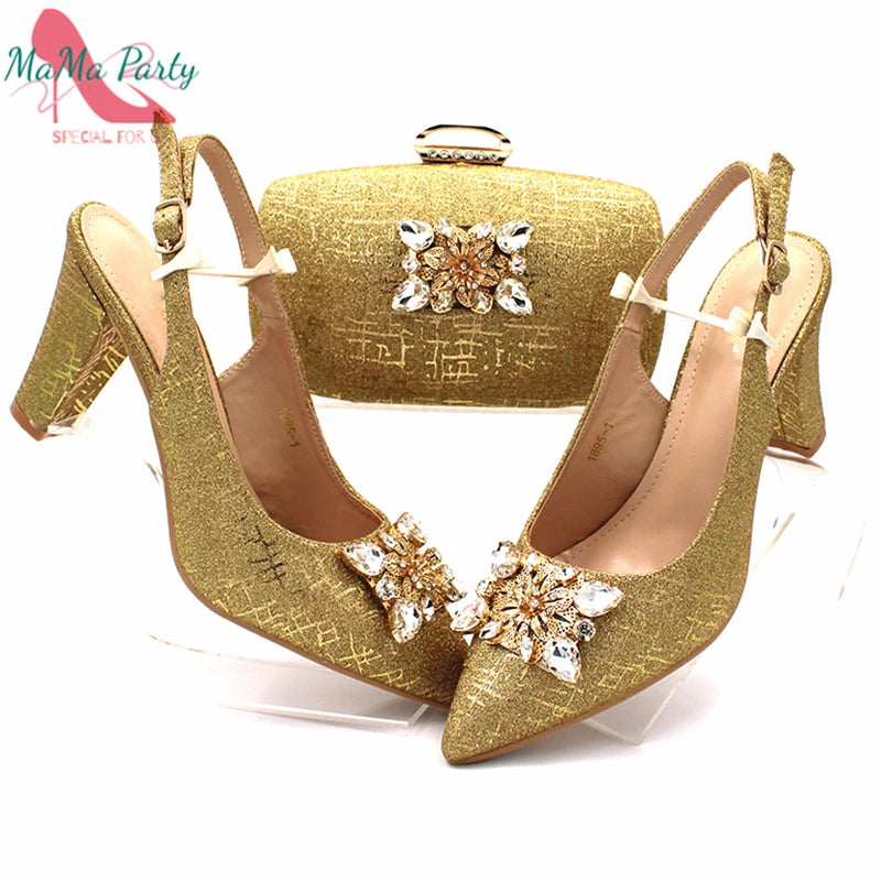 Fashionable Italian Shoes and Bag Set African Sets Champagne Color Nigerian Shoes with Matching Bags for Royal Wedding Party