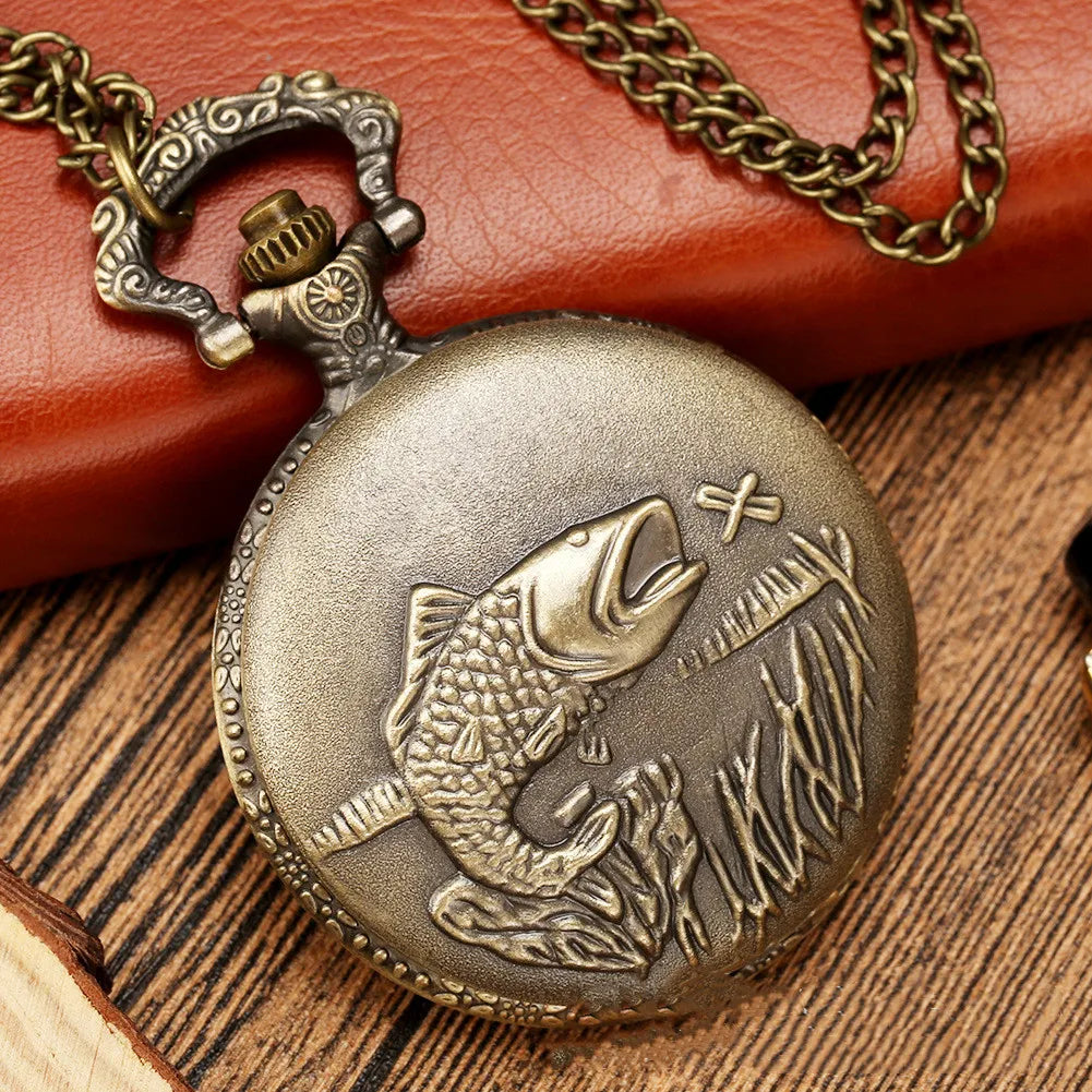 Best Gifts Luxury Gold Quartz Pocket Watch Design Fishes Necklace Pendant Pocket Watch Clock for Mens Womens