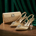 Brown Satin Rhinestone Slingback Pointed Pumps Scalloped Chain Evening Clutch Women Shoes and Bag Set Wedding Prom Gala Formal