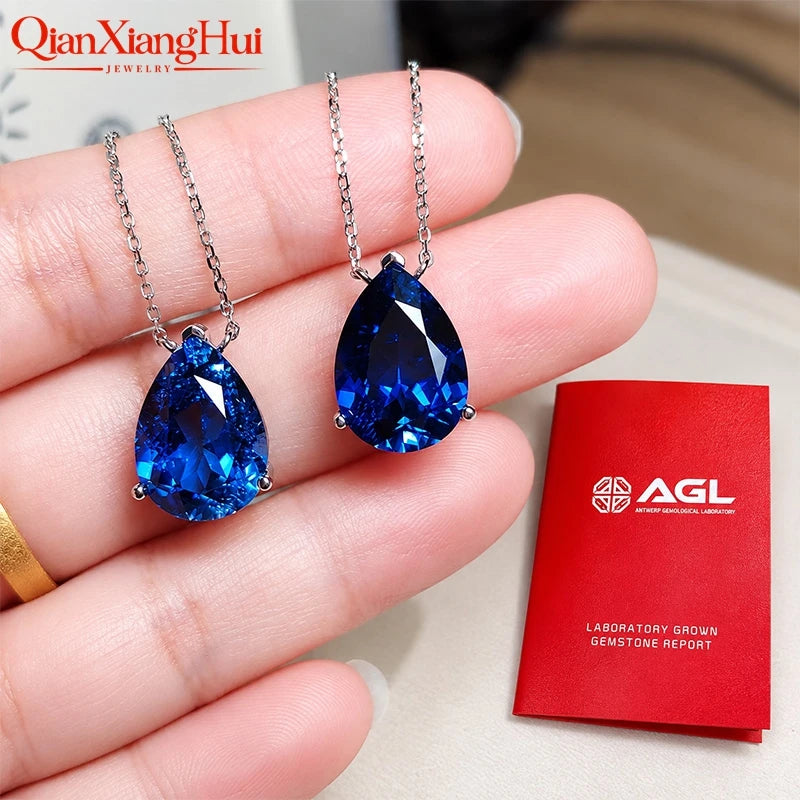 925 Silver Pear Shape 7ct 10x14mm Royal Blue/Cornflower Blue Lab Grown Created Sapphire Inclusions Stone Jewelry Pendant Necklac