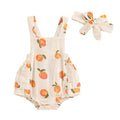 2024-05-08 Lioraitiin Summer Baby Girls Romper Peach Print Sleeveless Square Neck Side Tiered Ruffled Jumpsuit with Bow Headband
