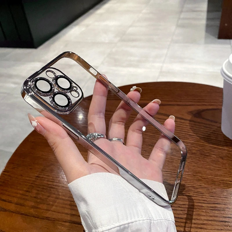 Luxury Plating Clear Silicone Phone Case For iPhone 16 17 15 14 13 12 11 Pro XR XS Max Mini Plus Lens Protection Case Back Cover
