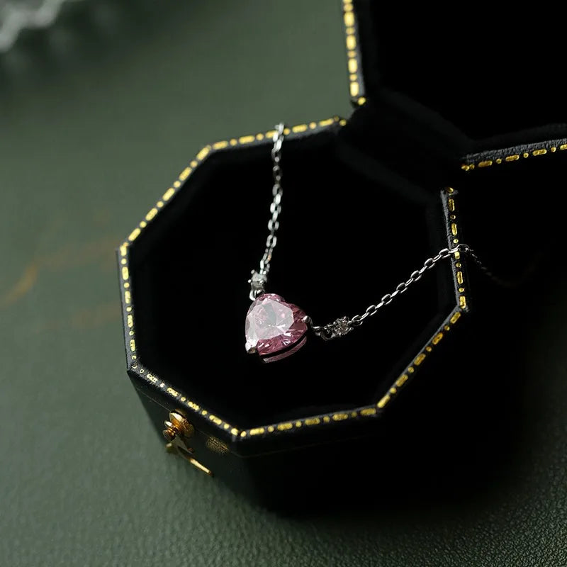 ANENJERY Pink Zircon Love Heart Necklace for Women New Fashion Sweet Design Clavicle Chain collares para mujer