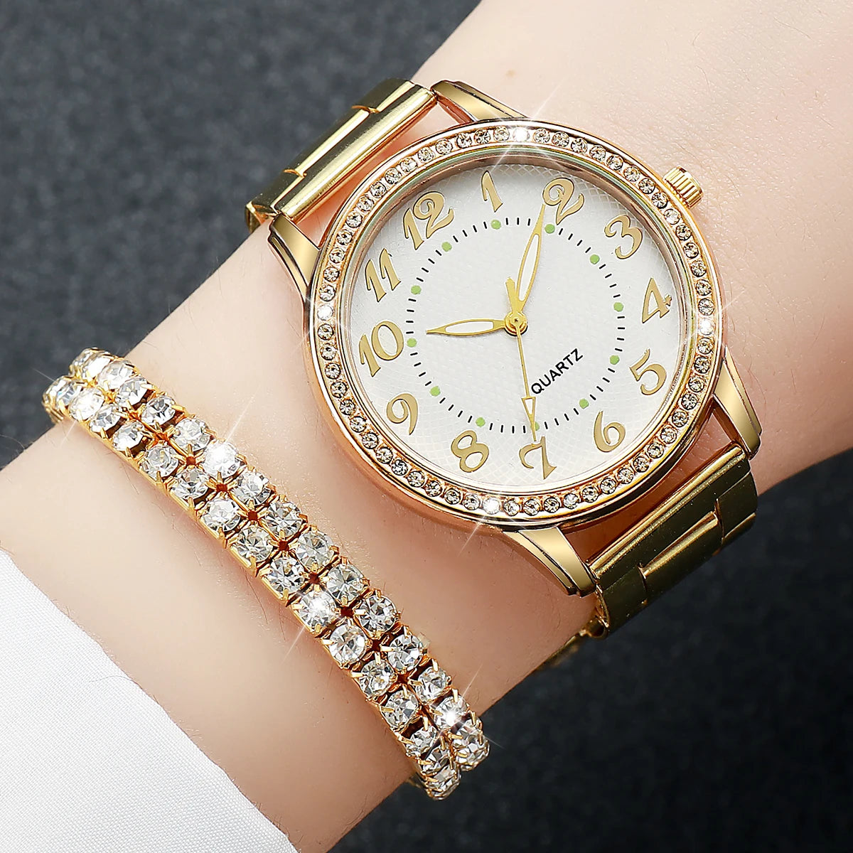 6PCS/Set Fashion Arabic Dial Women Quartz Wristwatch Alloy Strap Watches For Ladies Clock With Diamond Jewelry (Without Box)