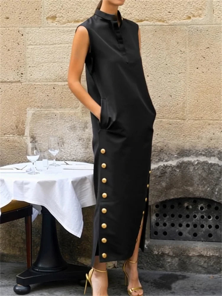 Yeezzi Women Fashion Split-Side Buttoned Stand Collar Evening Dresses 2026 New Sleeveless Solid Color H-Line Casual Shirts Dress