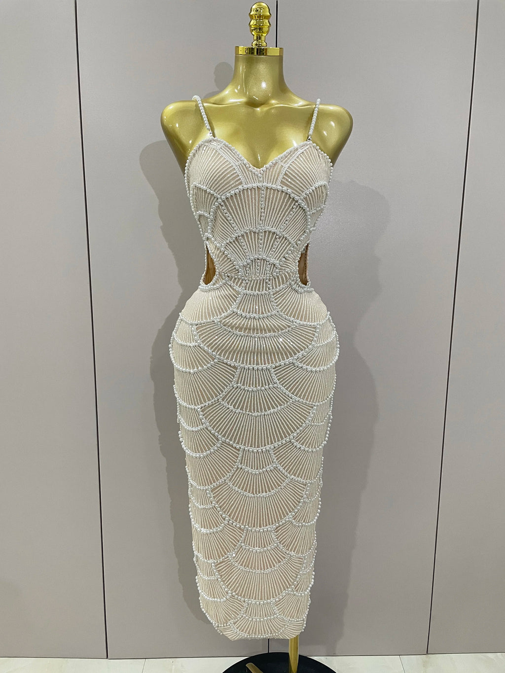 Elegance Pearl Beading Sequins Sleeveless Sexy Strap Bodycon Long Dress Women Celebrate Evening Party Birthday Outfit Vestido