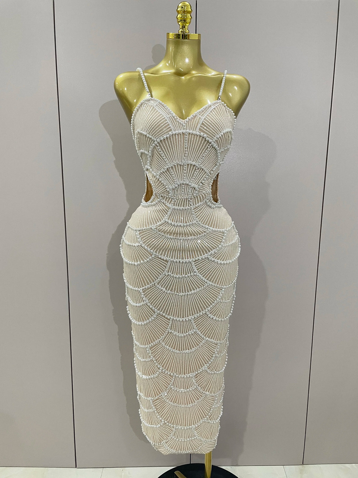 Elegance Pearl Beading Sequins Sleeveless Sexy Strap Bodycon Long Dress Women Celebrate Evening Party Birthday Outfit Vestido