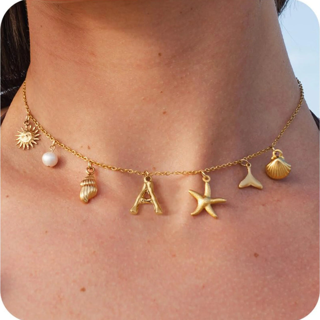 MHS.SUN Starfish Shell Initial Necklace Waterproof 18K Gold Plated Stainless Steel Charm Necklaces Surfer Girl Summer Beach Gift