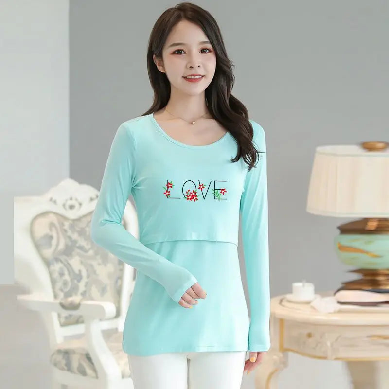 2025 Autumn Long Sleeve O-neck Postpartum Women Nursing T-shirt Maternity Breastfeeding Top Pregnancy Lactation Tees 7 Colors