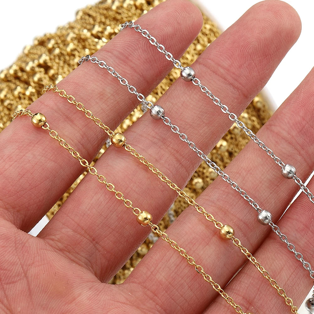 1meter/2meter Stainless Steel Golden Beads Chains for Jewelry Making DIY Women Men Necklace Bracelet Bulk Chain Accessories