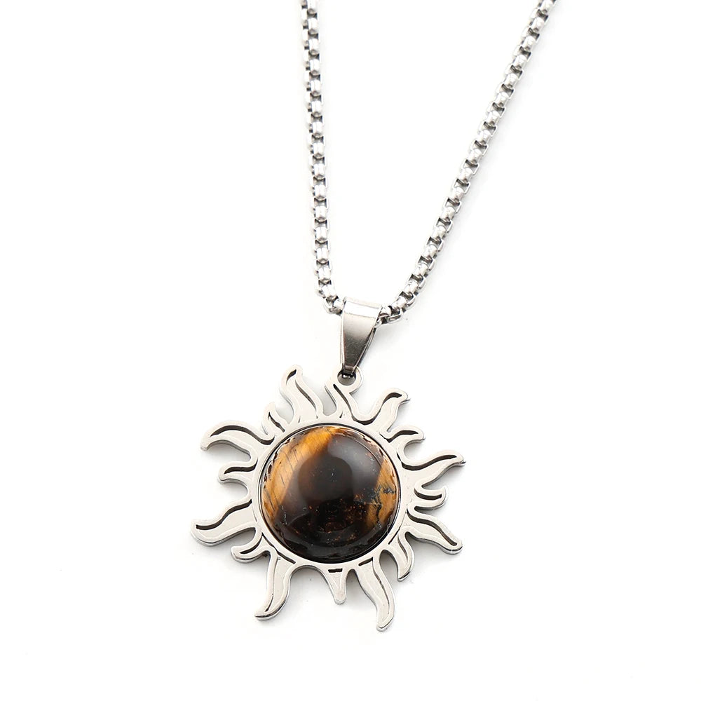 Natural Stone Tiger Eye Charm Sun Pendant Necklace Gold Color Stainless Steel Neck Chain Necklaces For Women Jewelry Accessories