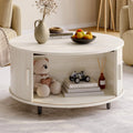 Round Coffee Table with Storage, 31.5 In Drum Coffee Table with 360° Curved Sliding Door, ModernFluted Wood Accent Coffee Tablee