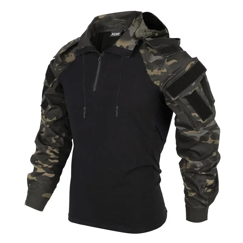 Tactical Combat Shirts 1/4 Zipper Long Sleeve Tactical Shirts Men Clothing Rip Stop Cotton Camo T Shirt Tops Wear-resisting