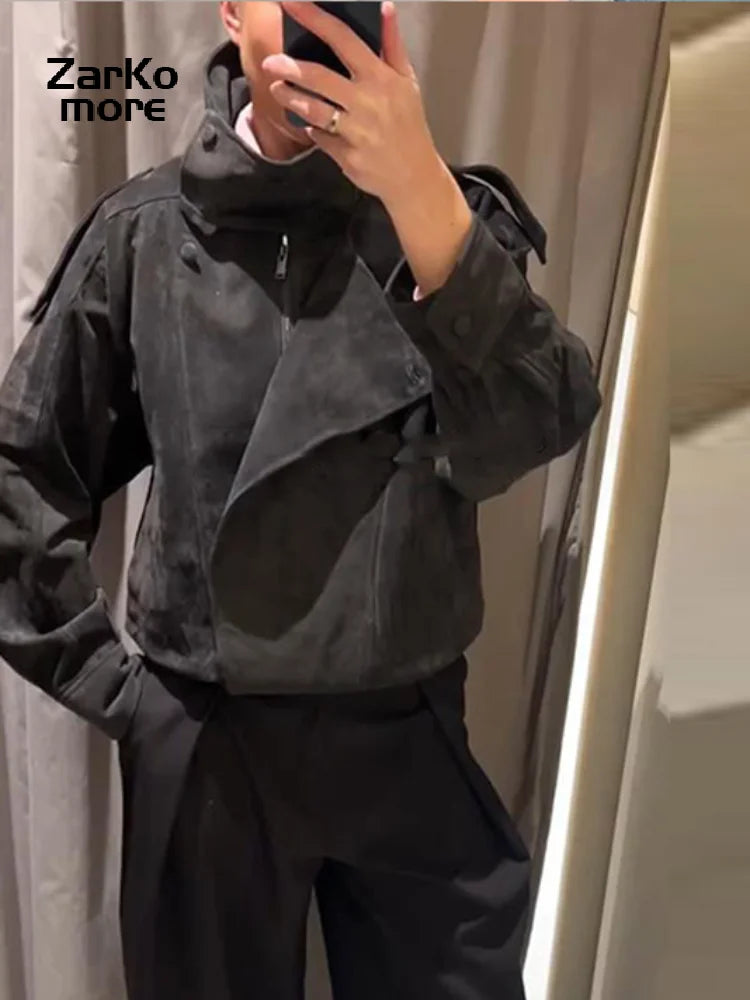 Fashion Dark Gray Suede Bomber Jacket Women Stand Collar Full Sleeve Oversize Asymmetric Street Coats 2026 Autumn Lady Jackets