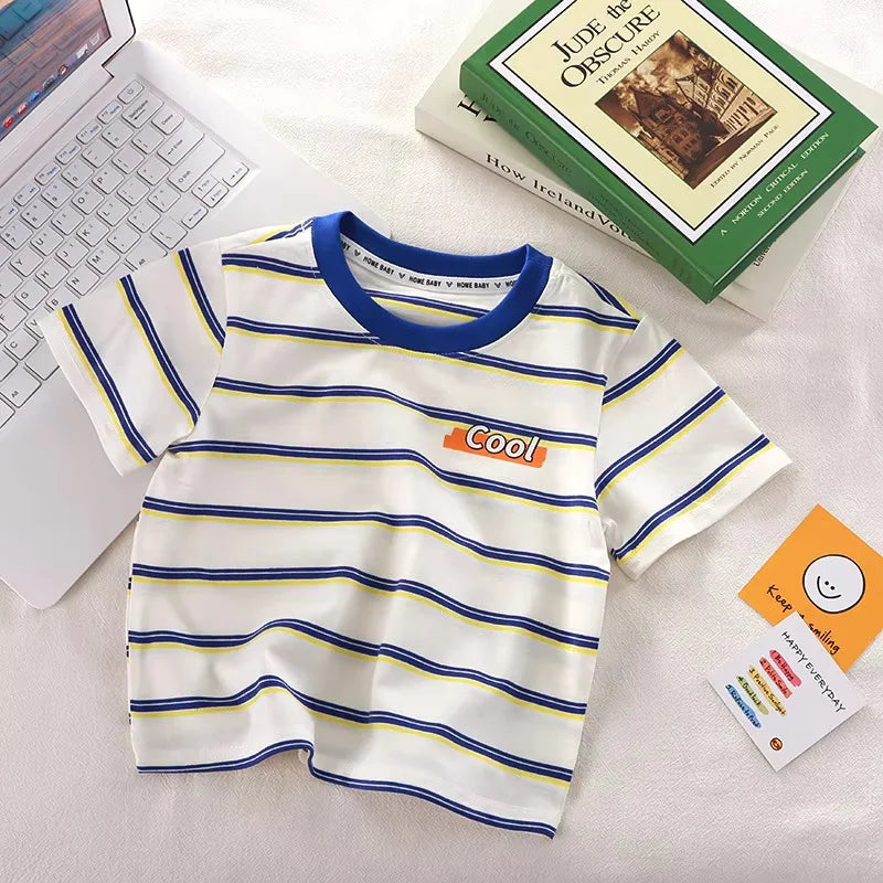 Children's Short-Sleeved Boys Girls 2024 Summer New Striped T-Shirt Baby Thin Section Half-Sleeved Bottoming Shirt Casual Wear