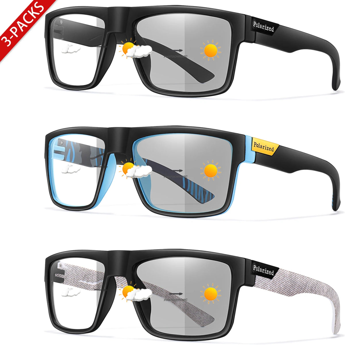 3-Pairs Classical Square Photochromic Sunglasses Outdoor Sports Cycling Running Driving Men Women Festival Party Wear Eyewear