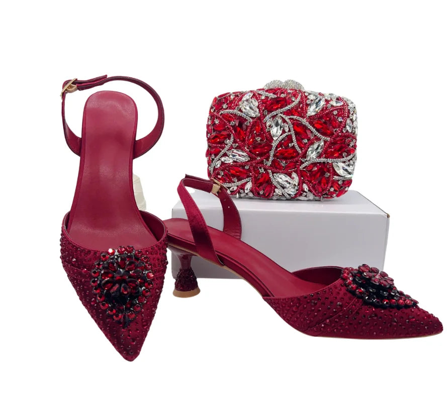 INSIGHTLINK Wine Color Rhinestone high heel shoes And Bag Fashion Style Pointed-Toe Shoes For Women Luxury Wedding Party Sandals
