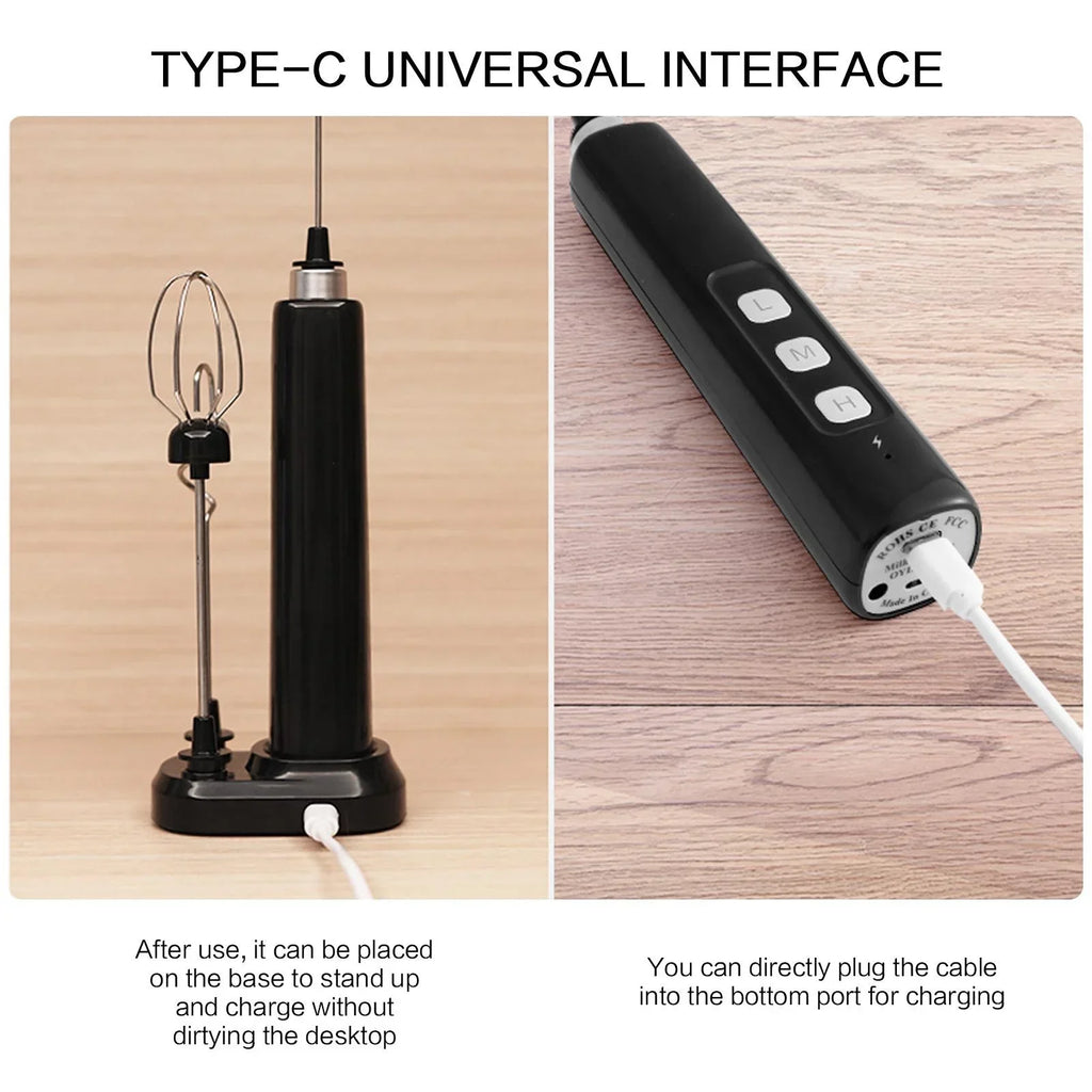 Mini USB Rechargeable Electric Frother Handheld Mixer 3 Speed Milk Whisk with Multiple Attachments for Coffee Cappuccino Latte Matcha Egg White Cream Smoothie Baking Cooking Kitchen Tool Compact Portable Design Easy to Use