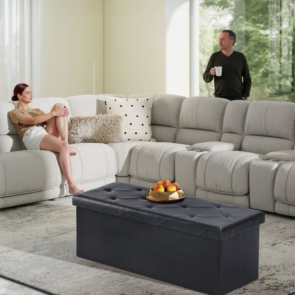 JHK 43 Inches Leather Folding Ottoman Storage Footstool Toy Box Bedroom Bench Load 660 lbs Foot Rest Stool For Living Room