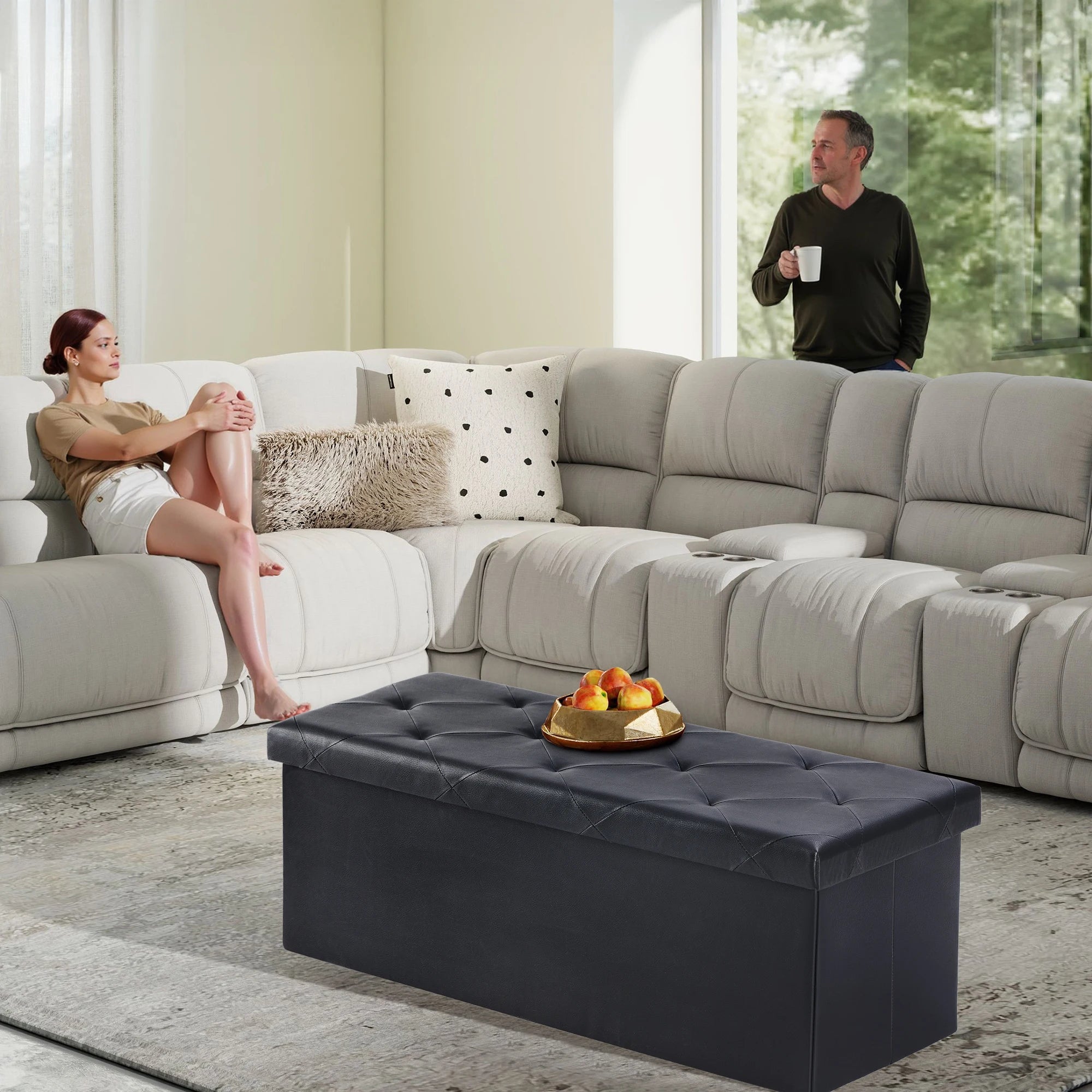 JHK 43 Inches Leather Folding Ottoman Storage Footstool Toy Box Bedroom Bench Load 660 lbs Foot Rest Stool For Living Room