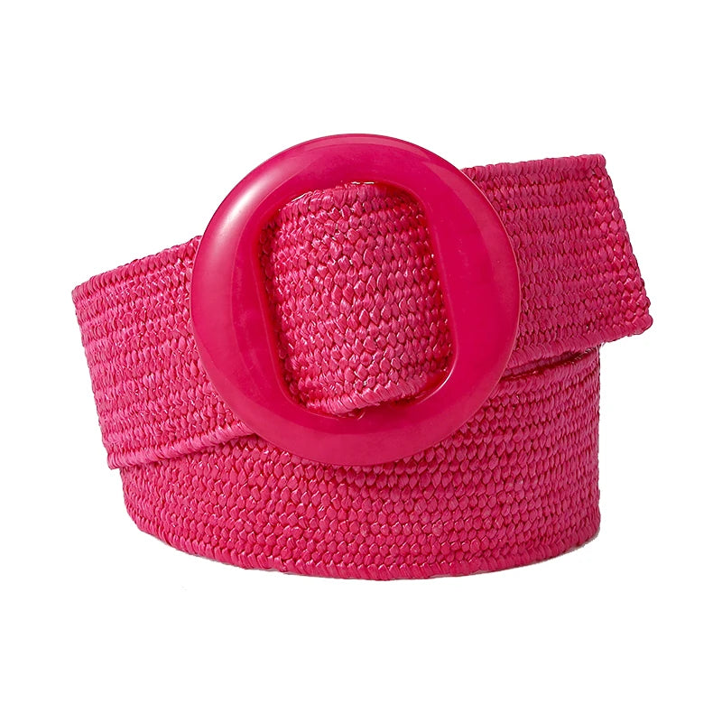 Beltox Women Straw Woven Elastic Wide Belt Solid Color with Matching Plastic Buckle