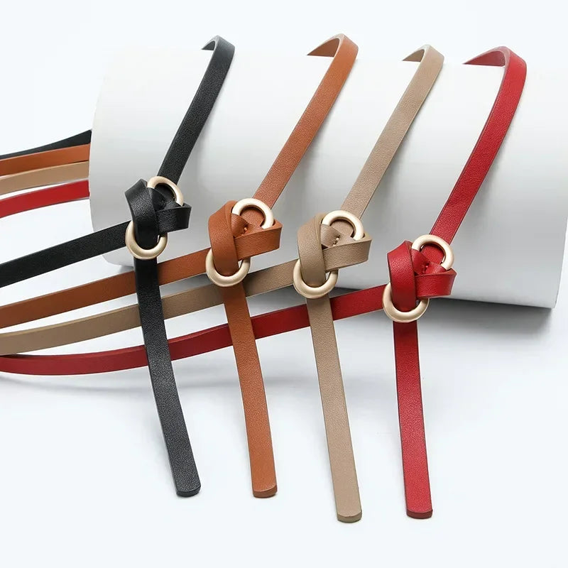Metal Buckle PU Leather Knotted Belt Long Thin Adjustable Waist Belts Women Female Dress Coat Suit Decoration Straps