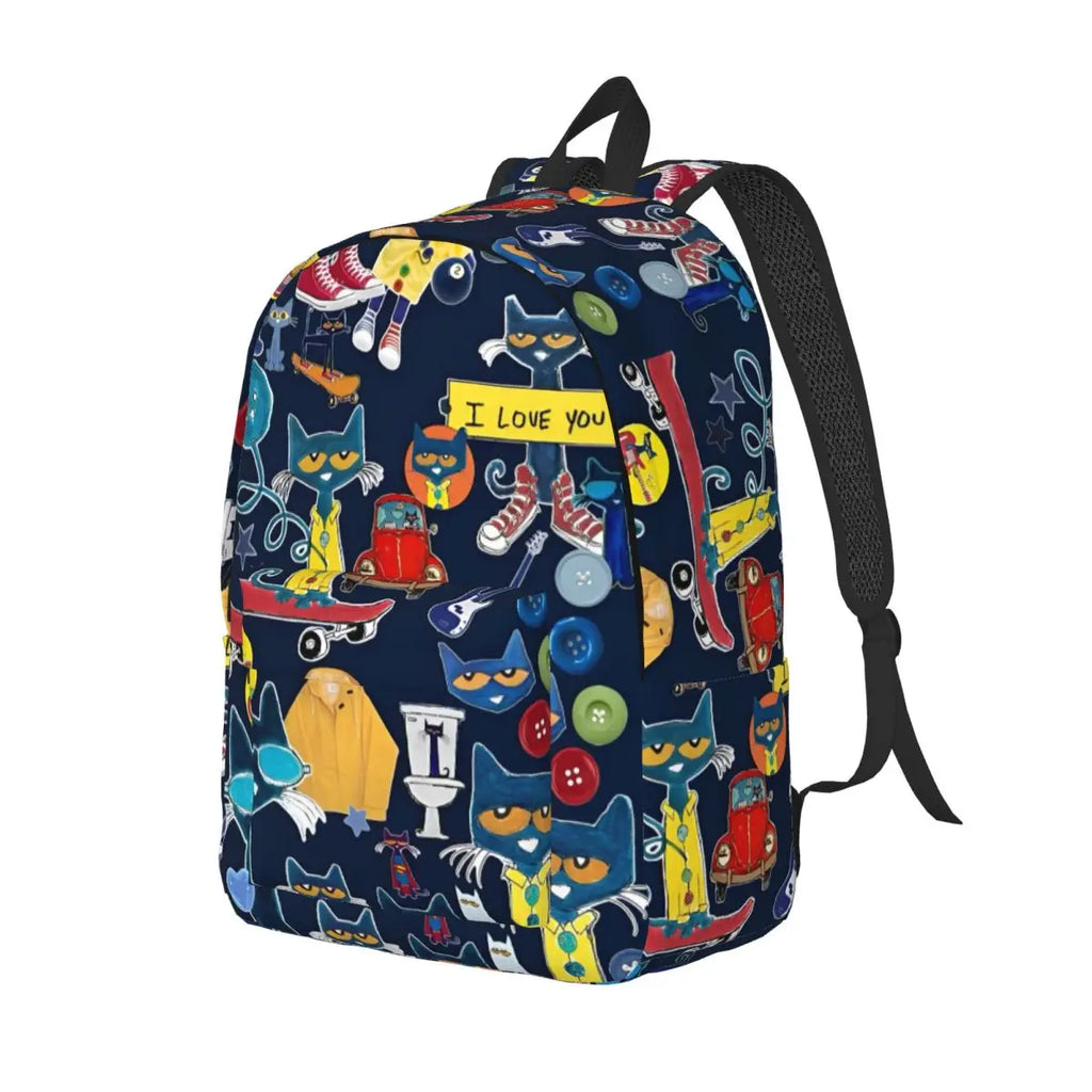 Pete The Cat I Love My White Shoes Backpack High School Business Cartoon Cats Daypack for Men Women Laptop Shoulder Bag