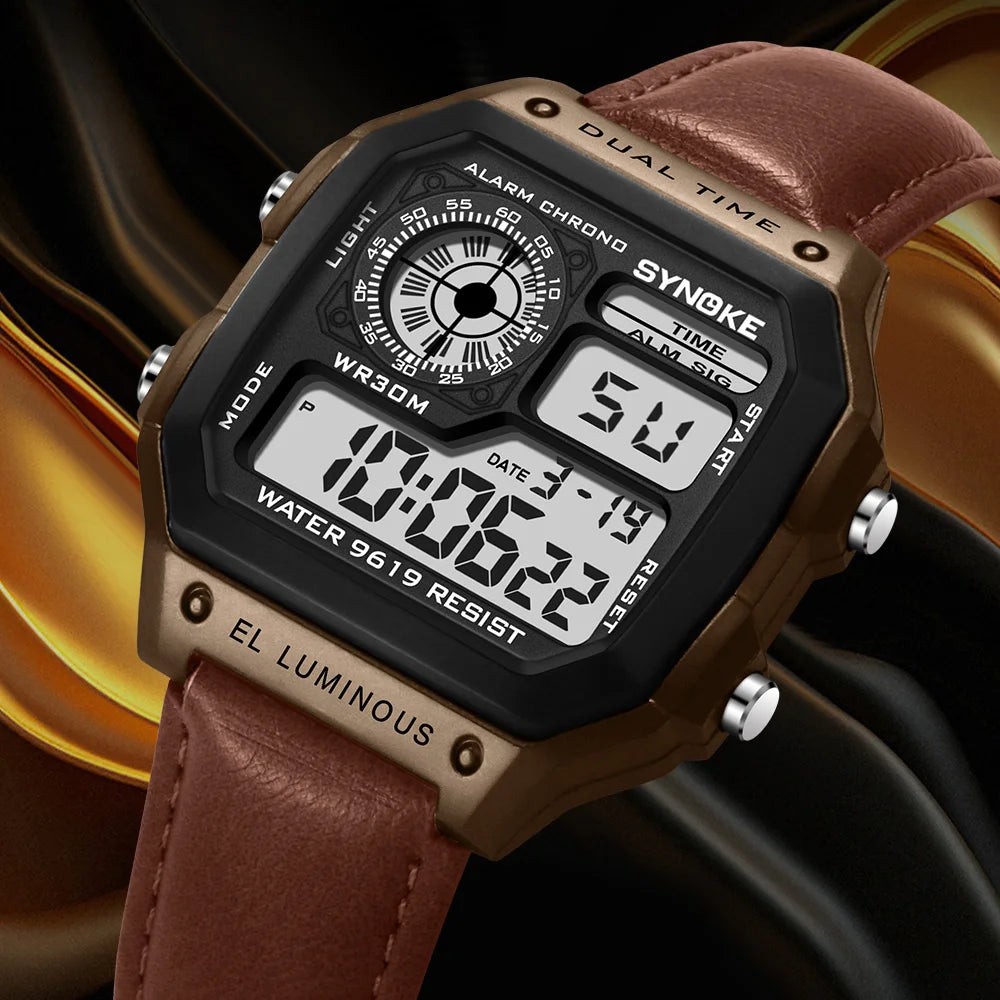 SYNOKE Belt Watch Men Outdoor Sports Multifunctional Waterproof  Luminous LED Digital Watch PU Leather For Men Retro Fashion