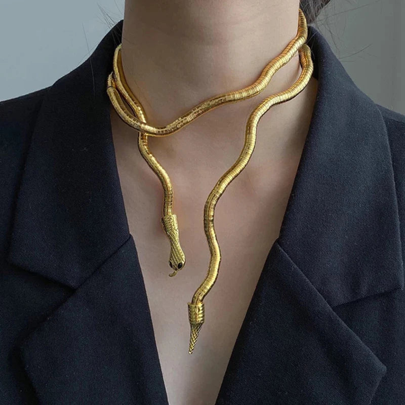 AENSOA 2025 New Punk Multilayer Metal Alloy Gold Black Color Cool Bendy Snake Necklace Bracelet for Women Men Chunky Jewelry