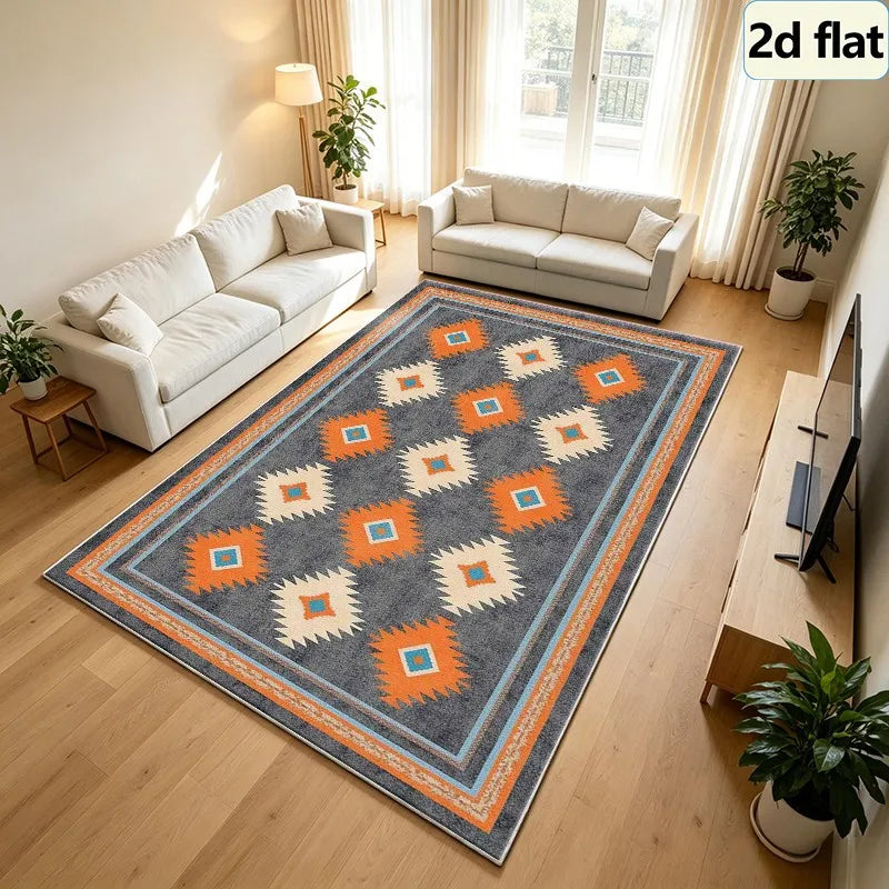 Bohemian Style Southwest Ethnic Style Diamond Geometric Pattern Carpet Square Rug Non-Slip Washable Floor Mat Suitable for Living Room Camping Home