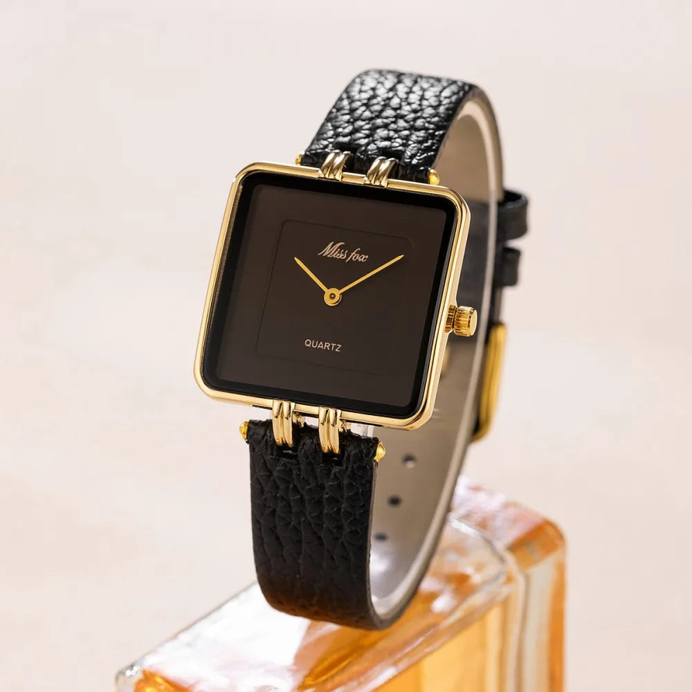 Square Quartz Watch with Leather Strap – Three Colors
