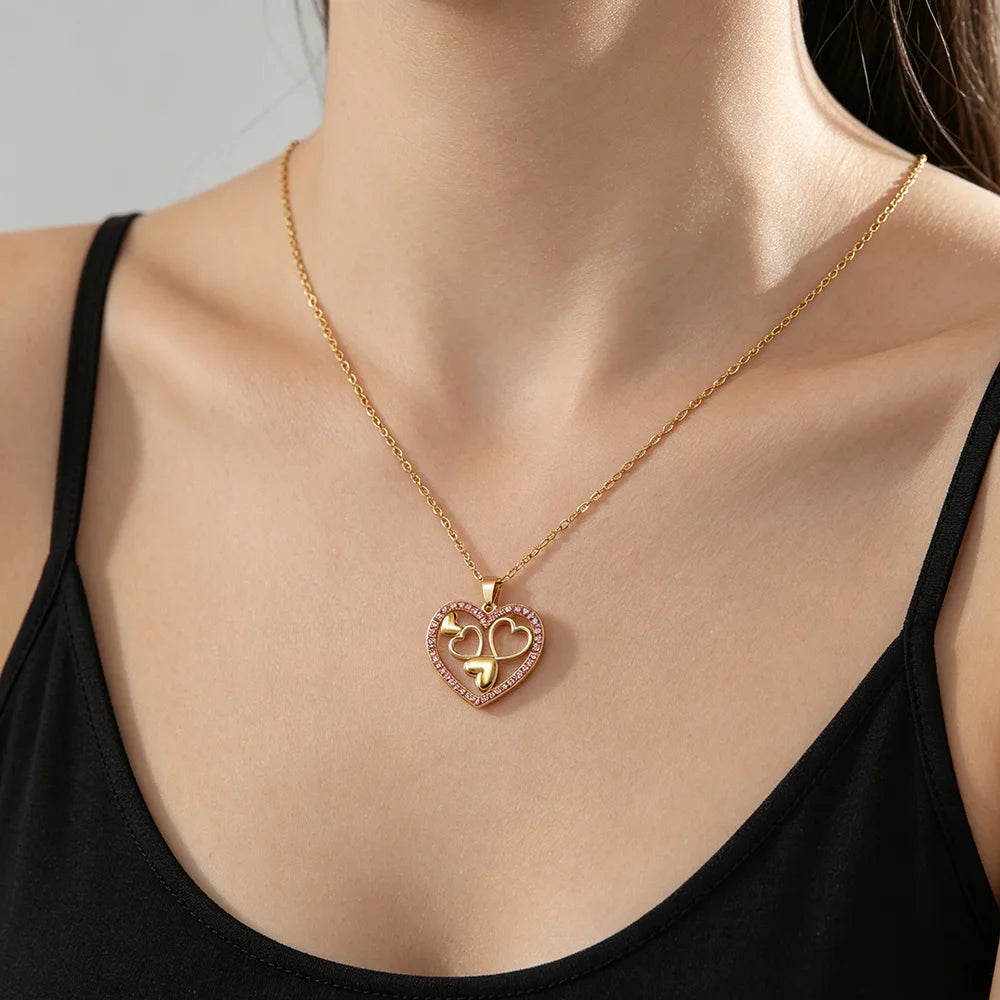 Skyrim Sweet Love Heart Zircon Pendant Necklace Stainless Steel Gold Color Minimalist Choker Fashion Jewelry Birthday Gift
