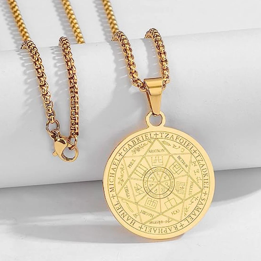Seal of The 7 Archangels Pendant Necklaces for Men Seal of Solomon Spiritual Talisman Protection Amulet Stainless Steel Jewelry