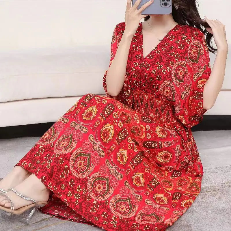 2025 Summer New Casual Elegant Retro Bohemian Style V-neck Elastic Waist Large Swing Printed Long Skirt Autumn Summer Dress