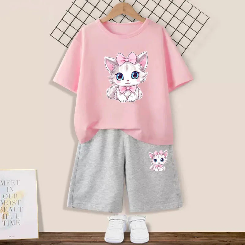 Girls Happy Cat Printed 2PC Outfit Set Summer Fashion Short Sleeve T-Shirt And Shorts Combo Cute Kids Clothing