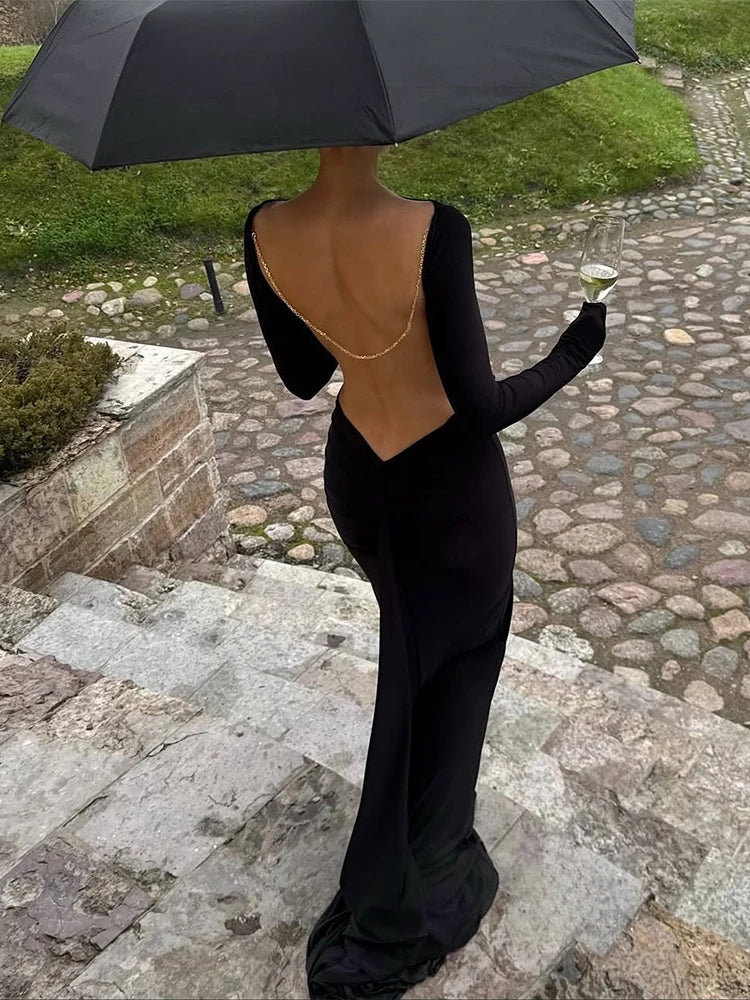 Sisterlinda Classic Bead Backless Dress Women Sexy Slash Neck Full Sleeve Simple Fashion Stretch Banquet Party Elegant Vestidos